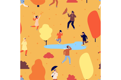 Autumn season pattern. People walking in park, fall time illustration.