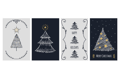 Christmas cards template. Doodle xmas tree and stars, holiday invitati