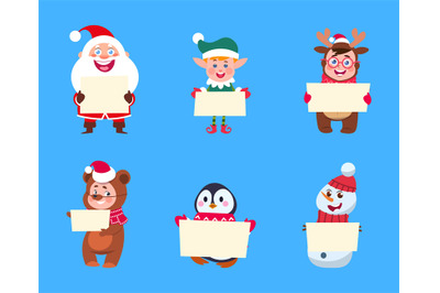 Christmas characters. Santa Claus, elf snowman holding banners. Pengui