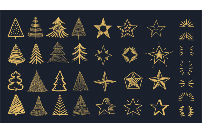 Christmas decorations pack. Doodle xmas tree, stars and burst. Decorat