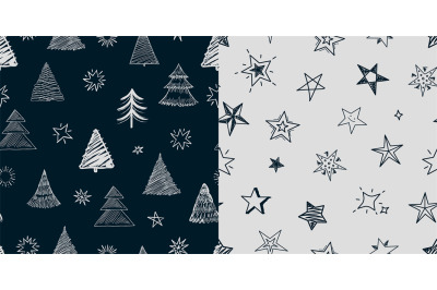 Fir tree stars pattern. Christmas New Year background, xmas tree and d