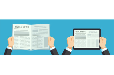 Hands holding newspaper. Paper news, info on tablet. Businessman readi