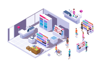 Isometric grocery store interior. Customers, stands with goods and cas