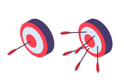 Isometric targets. Archery, arrow in goal and failure. Business ambiti