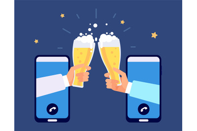 Online beer party. Internet friendship, friends drinking by smartphone