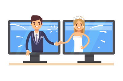 Online wedding. Cute cartoon newlyweds&2C; young man woman smile. Just ma