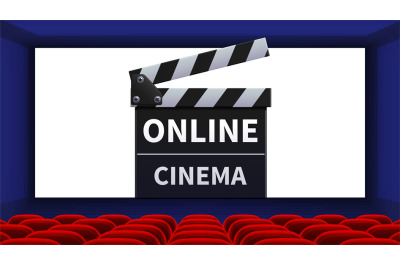 Realistic cinema. Movie theater interior, online film screen. Red chai