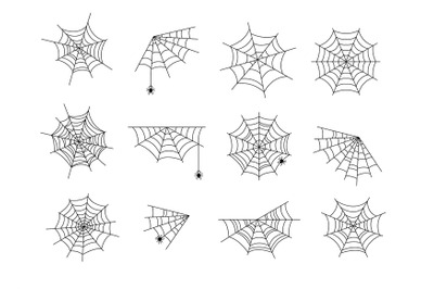 Spider webs. Black halloween cobweb, horror web with spiders. Abstract