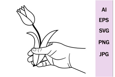 Hand with a tulip flower black outline svg format