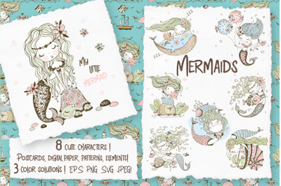 Mermaid SVG PNG. Cute little mermaids digital clipart.