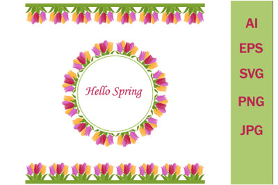 Spring round flower frame made of tulips, clipart