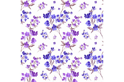 Purple and blue flowers watercolor seamless pattern. Floral print