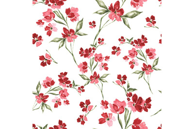 Red and pink flowers watercolor seamless pattern. Floral print. Summer