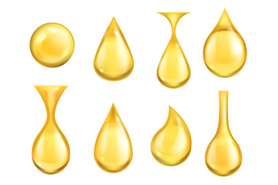 Oil drops realistic. Honey drop falling, gasoline yellow golden drople