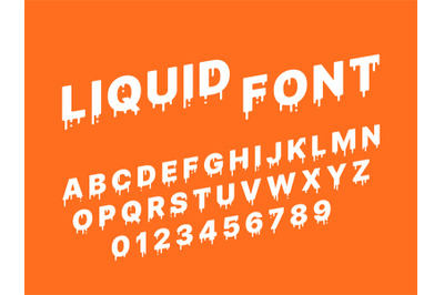 Liquid melting font. Flowing down diagonal white alphabet, milky lette