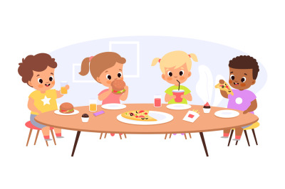 Children eat together. Happy kids sitting common table, junior student