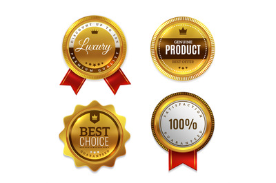 Badges gold seal quality labels. Sale and discount golden medals with