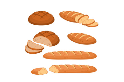 Cartoon bread. Bakery wheat products. Rye breads, baguette and ciabatt