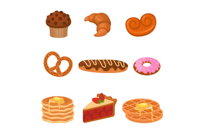 Cartoon cakes. Wheat products set. Sweet pretzel and croissant, donut