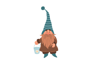 Gnome with bucket. Garden hand drawn cartoon male character in costume