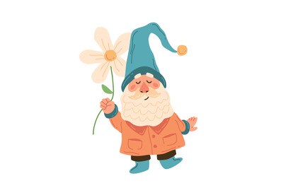 Gnome with flower. Cute garden dwarf in costume and hat. Yard decorati