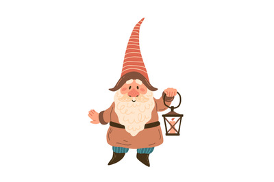 Gnome with lantern. Garden hand drawn cartoon male character in costum