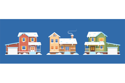 Homes in snow. Winter houses, cottages and townhomes, snowy buildings