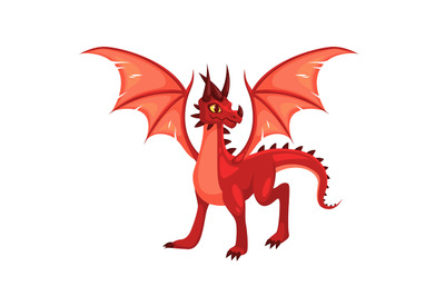 Magic Dragon. Fantasy colorful winged red creature. Medieval fairy tai