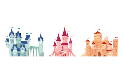 Medieval castles. Fairy tale towers collection, bright colorful mansio