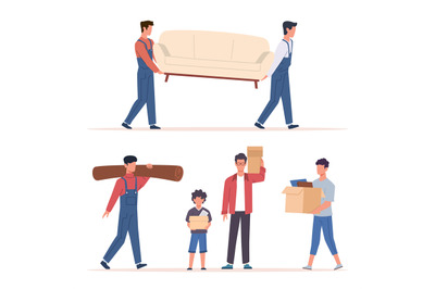 Men household. Male characters carry heavy sofa, carpet and boxes. Fat