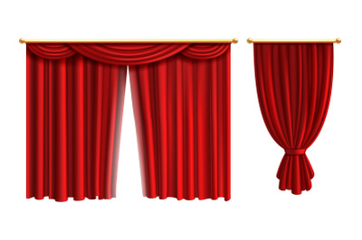 Realistic red curtains. Luxury curtain cornice open and closed, interi