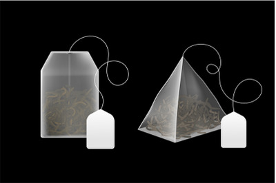 Tea bags realistic. 3d disposable beverage infuser bag and pyramid sac