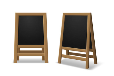 Announcement menu board. Black wooden realistic easel, sidewalk stand,