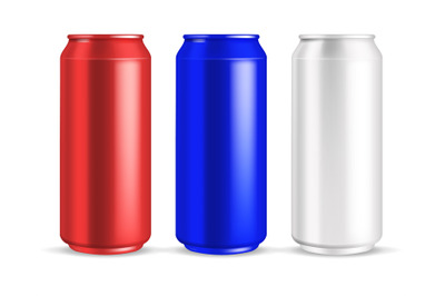 Cans realistic. Energy drink or beer aluminium blank can in red, white