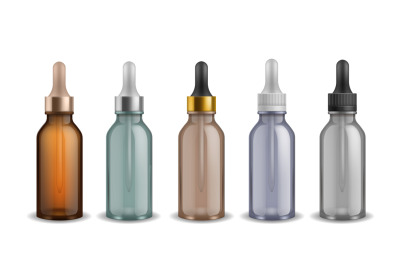 Cosmetic vials. Realistic glass bottles with dropper. 3D cylindrical c