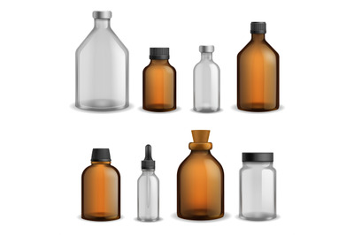 Glass bottles medical set. Realistic brown and transparent blank packa