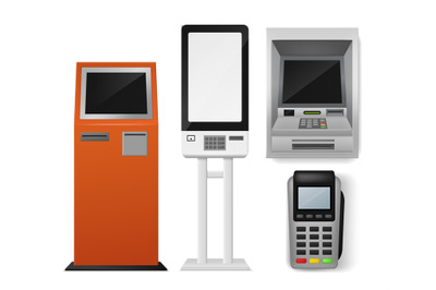 Payment terminal realistic set. Self-ordering kiosk and Atm, pos payme