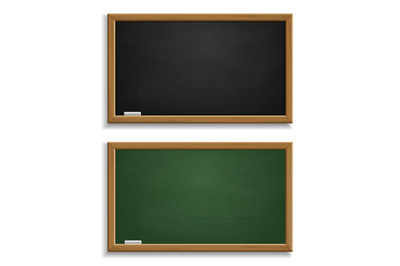 Realistic blackboard. Green and black chalkboard with wooden frame and