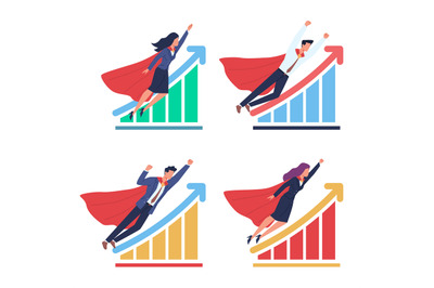 Business development. Growing charts and superheroes men and women in