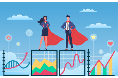 Business superheroes. Man and woman in flowing capes and suits standin