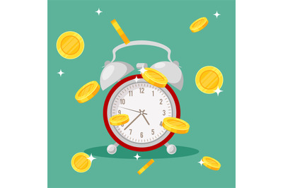 Clock with falling coins. Red retro alarm and gold coins on green back