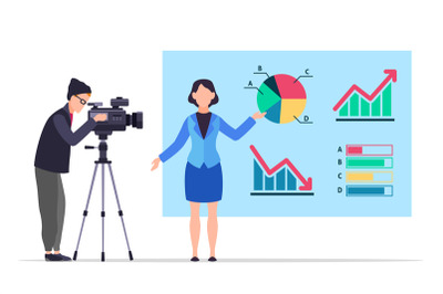 Economic news. People record reportage. TV presenter in studio. Woman