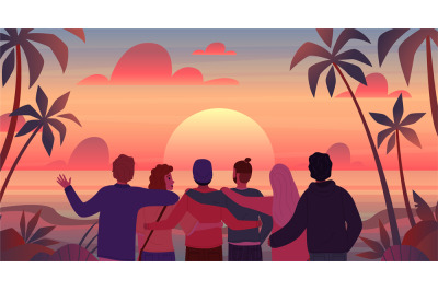 Friends at sunset. Cartoon men and women looking at sun. Tourists enjo