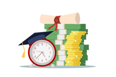 Knowledge investing. Retro alarm in graduation hat, pile of dollar and