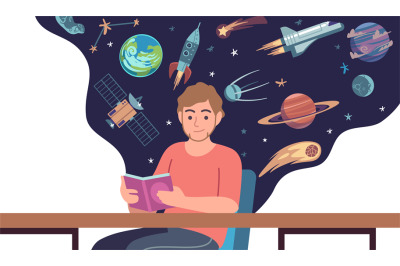 Man read space book. Young male character sitting at desk and holding