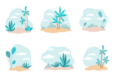 Plants backdrops. Tropical trees and bushes collection, hand drawn pal