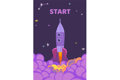 Rocket start. Starting shuttle in sky. Purple colors stars night backg