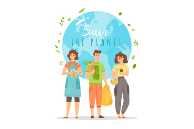 Save the planet. Young men and women with eco bags and vegan bio produ