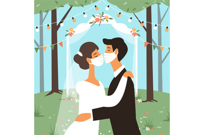 Wedding in masks. Bride and groom kiss&2C; people in medical protective m