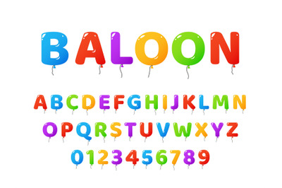 Air balloons font. Colored letters and numbers, party decorative gloss